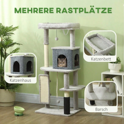 PawHut Katzenbaum 132 cm mit Schlafhaus, Kratzsäulen & Sprungbrett, Kratzmöbel mit Pflegebürste & Liegefläche, Für kleine Katzen, Hellgrau