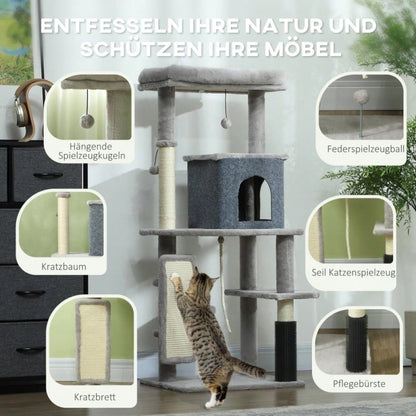 PawHut Katzenbaum 132 cm mit Schlafhaus, Kratzsäulen & Sprungbrett, Kratzmöbel mit Pflegebürste & Liegefläche, Für kleine Katzen, Hellgrau