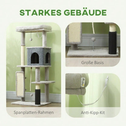 PawHut Katzenbaum 132 cm mit Schlafhaus, Kratzsäulen & Sprungbrett, Kratzmöbel mit Pflegebürste & Liegefläche, Für kleine Katzen, Hellgrau