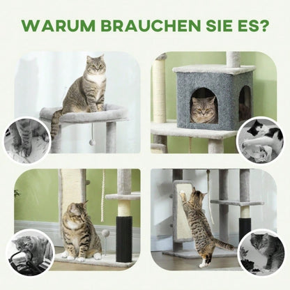 PawHut Katzenbaum 132 cm mit Schlafhaus, Kratzsäulen & Sprungbrett, Kratzmöbel mit Pflegebürste & Liegefläche, Für kleine Katzen, Hellgrau