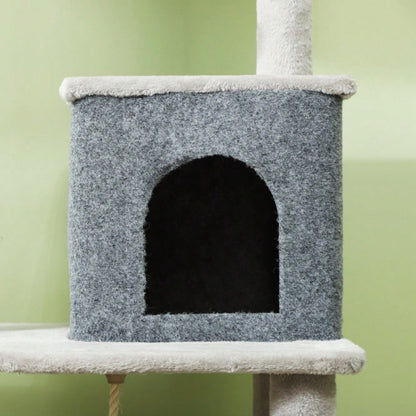 PawHut Katzenbaum 132 cm mit Schlafhaus, Kratzsäulen & Sprungbrett, Kratzmöbel mit Pflegebürste & Liegefläche, Für kleine Katzen, Hellgrau