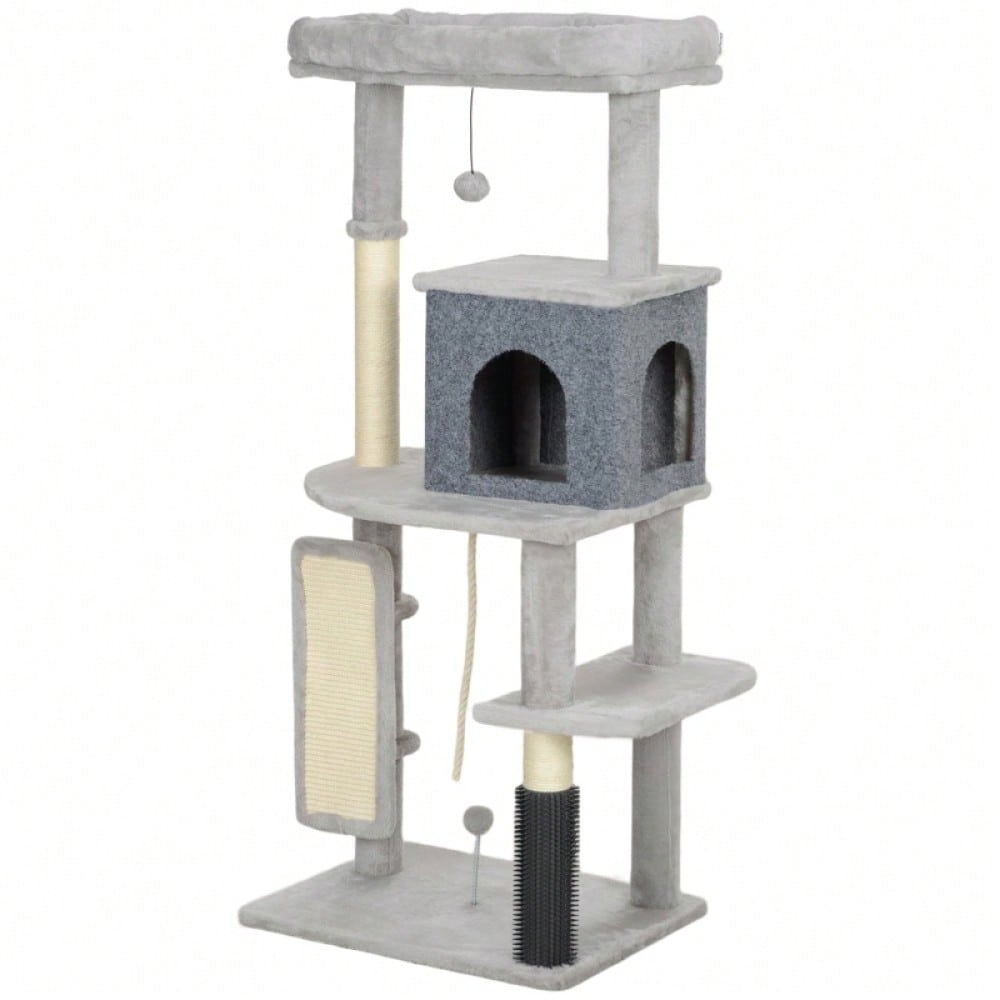 PawHut Katzenbaum 132 cm mit Schlafhaus, Kratzsäulen & Sprungbrett, Kratzmöbel mit Pflegebürste & Liegefläche, Für kleine Katzen, Hellgrau