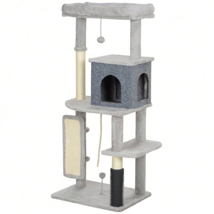 PawHut Katzenbaum 132 cm mit Schlafhaus, Kratzsäulen & Sprungbrett, Kratzmöbel mit Pflegebürste & Liegefläche, Für kleine Katzen, Hellgrau