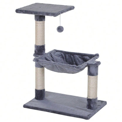 PawHut Kratzbaum Kletterbaum für Katzen mit Sisalsäule, Plüsch-Hängematte, aus Spanplatte, grau, 50 x 36 x 70 cm