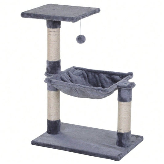 PawHut Kratzbaum Kletterbaum für Katzen mit Sisalsäule, Plüsch-Hängematte, aus Spanplatte, grau, 50 x 36 x 70 cm
