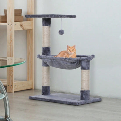 PawHut Kratzbaum Kletterbaum für Katzen mit Sisalsäule, Plüsch-Hängematte, aus Spanplatte, grau, 50 x 36 x 70 cm