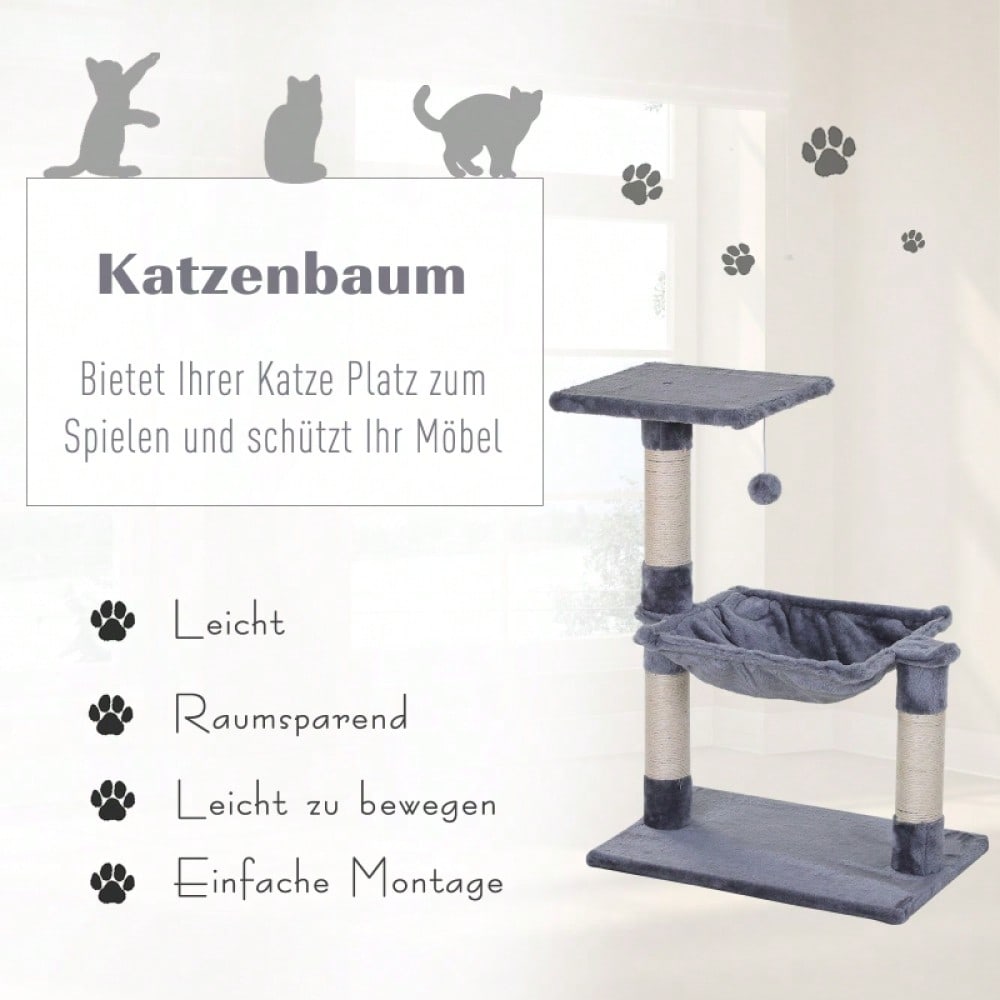 PawHut Kratzbaum Kletterbaum für Katzen mit Sisalsäule, Plüsch-Hängematte, aus Spanplatte, grau, 50 x 36 x 70 cm