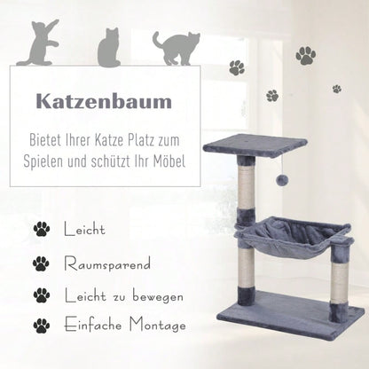 PawHut Kratzbaum Kletterbaum für Katzen mit Sisalsäule, Plüsch-Hängematte, aus Spanplatte, grau, 50 x 36 x 70 cm