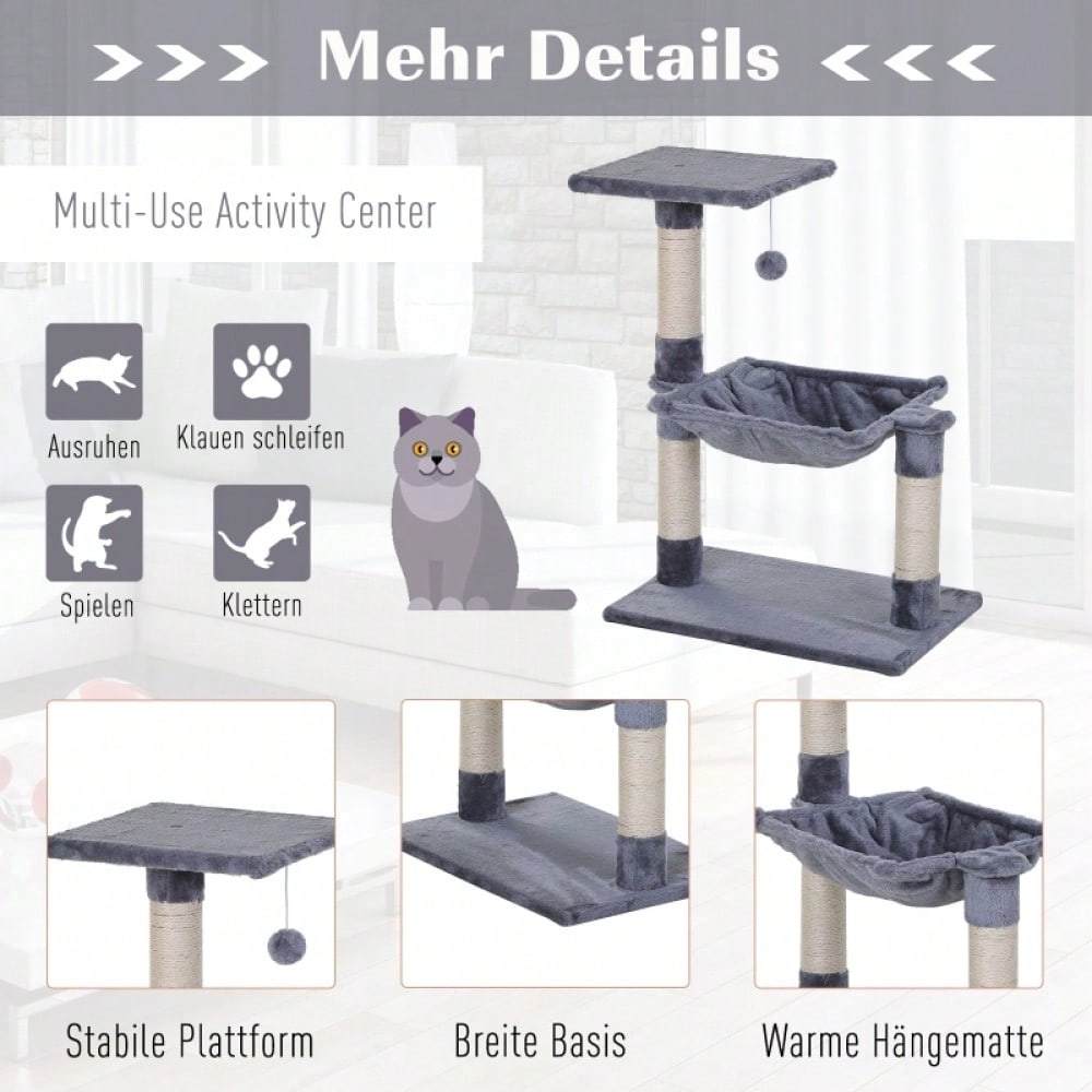 PawHut Kratzbaum Kletterbaum für Katzen mit Sisalsäule, Plüsch-Hängematte, aus Spanplatte, grau, 50 x 36 x 70 cm