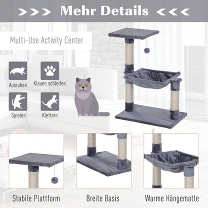 PawHut Kratzbaum Kletterbaum für Katzen mit Sisalsäule, Plüsch-Hängematte, aus Spanplatte, grau, 50 x 36 x 70 cm