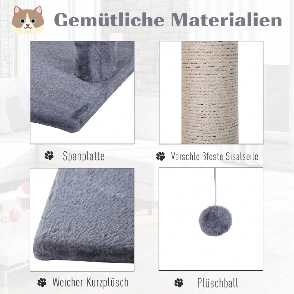 PawHut Kratzbaum Kletterbaum für Katzen mit Sisalsäule, Plüsch-Hängematte, aus Spanplatte, grau, 50 x 36 x 70 cm