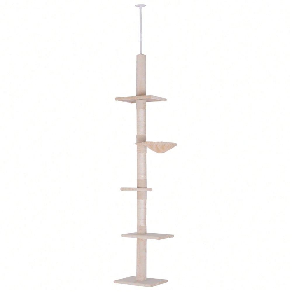 PawHut Deckenhoch Kratzbaum für Katzen, höhenverstellbar (230-260 cm), stabiler Kletterbaum, beige