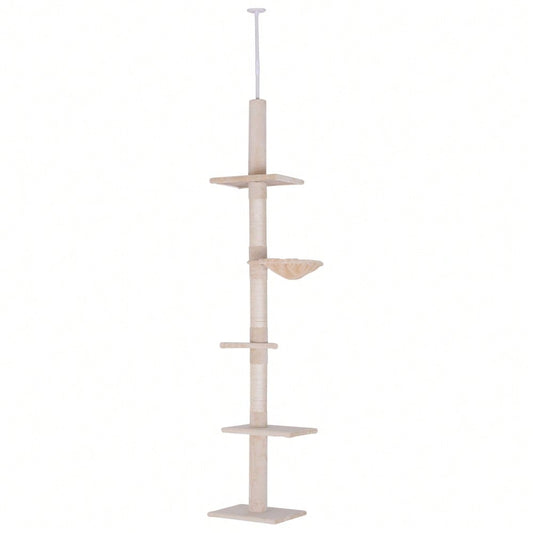 PawHut Deckenhoch Kratzbaum für Katzen, höhenverstellbar (230-260 cm), stabiler Kletterbaum, beige