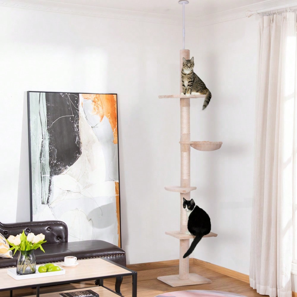 PawHut Deckenhoch Kratzbaum für Katzen, höhenverstellbar (230-260 cm), stabiler Kletterbaum, beige