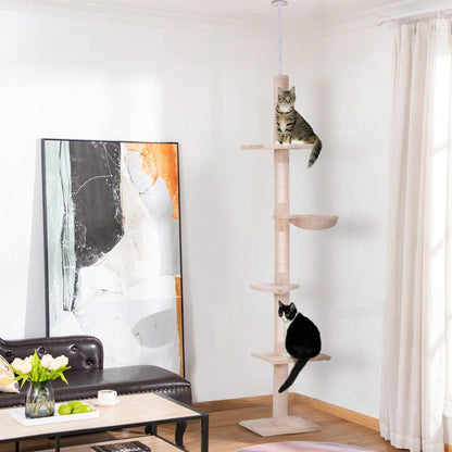 PawHut Deckenhoch Kratzbaum für Katzen, höhenverstellbar (230-260 cm), stabiler Kletterbaum, beige