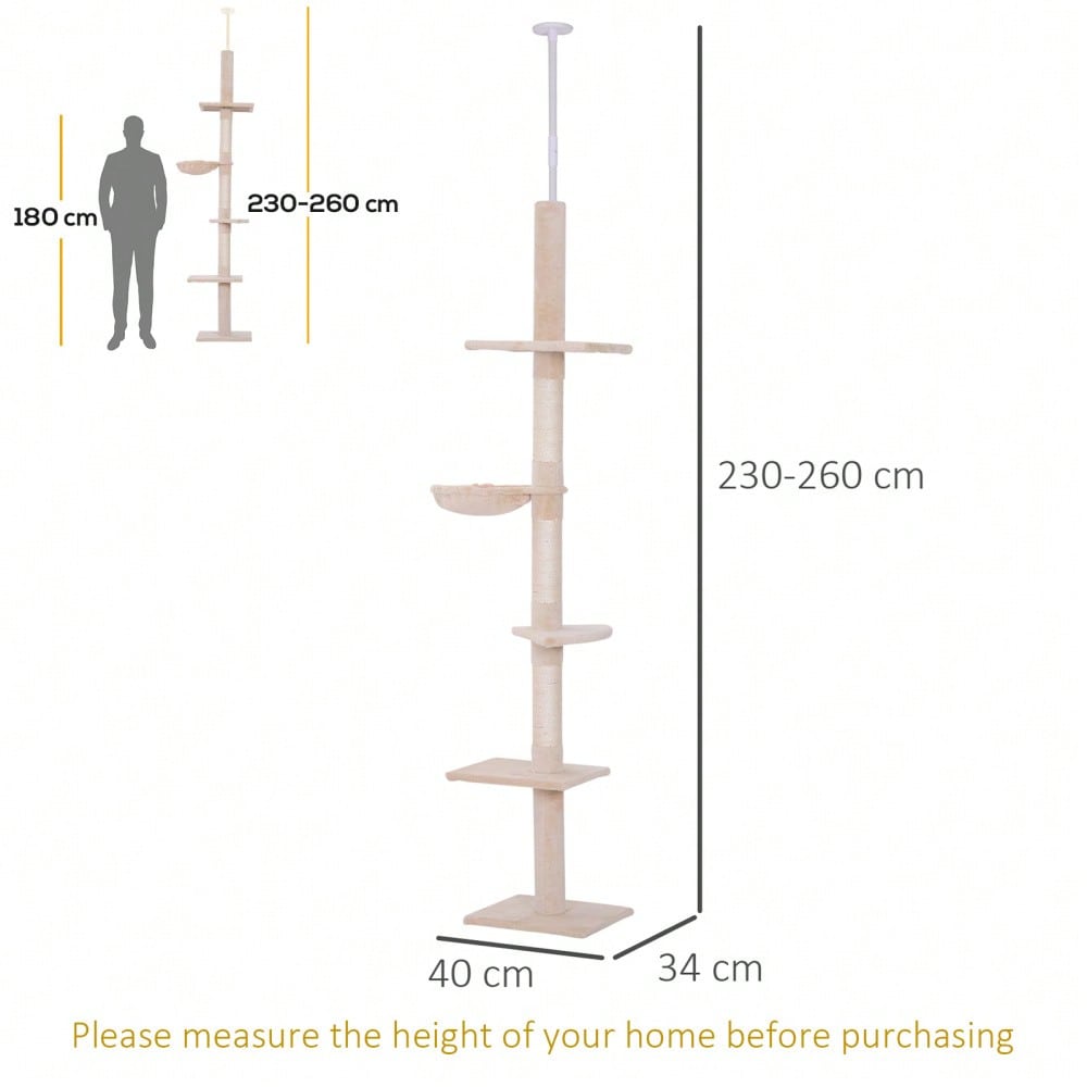 PawHut Deckenhoch Kratzbaum für Katzen, höhenverstellbar (230-260 cm), stabiler Kletterbaum, beige