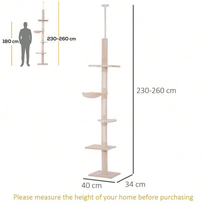 PawHut Deckenhoch Kratzbaum für Katzen, höhenverstellbar (230-260 cm), stabiler Kletterbaum, beige