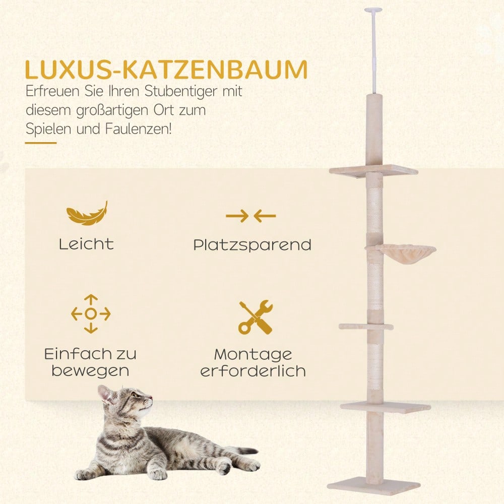 PawHut Deckenhoch Kratzbaum für Katzen, höhenverstellbar (230-260 cm), stabiler Kletterbaum, beige