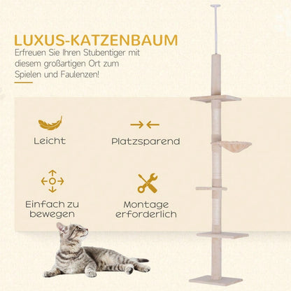 PawHut Deckenhoch Kratzbaum für Katzen, höhenverstellbar (230-260 cm), stabiler Kletterbaum, beige