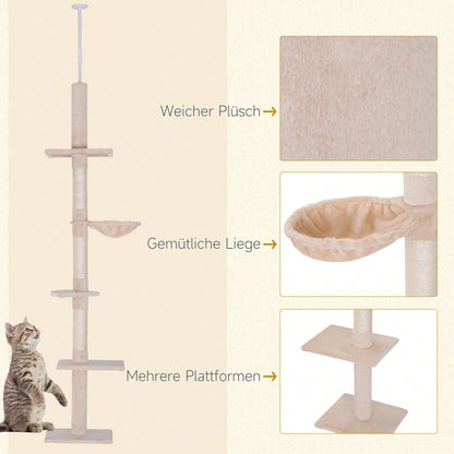 PawHut Deckenhoch Kratzbaum für Katzen, höhenverstellbar (230-260 cm), stabiler Kletterbaum, beige