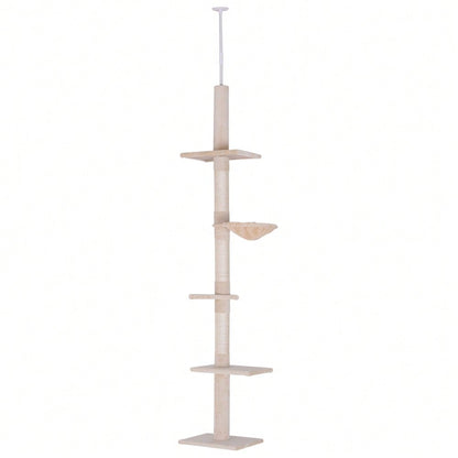 PawHut Deckenhoch Kratzbaum für Katzen, höhenverstellbar (230-260 cm), stabiler Kletterbaum, beige