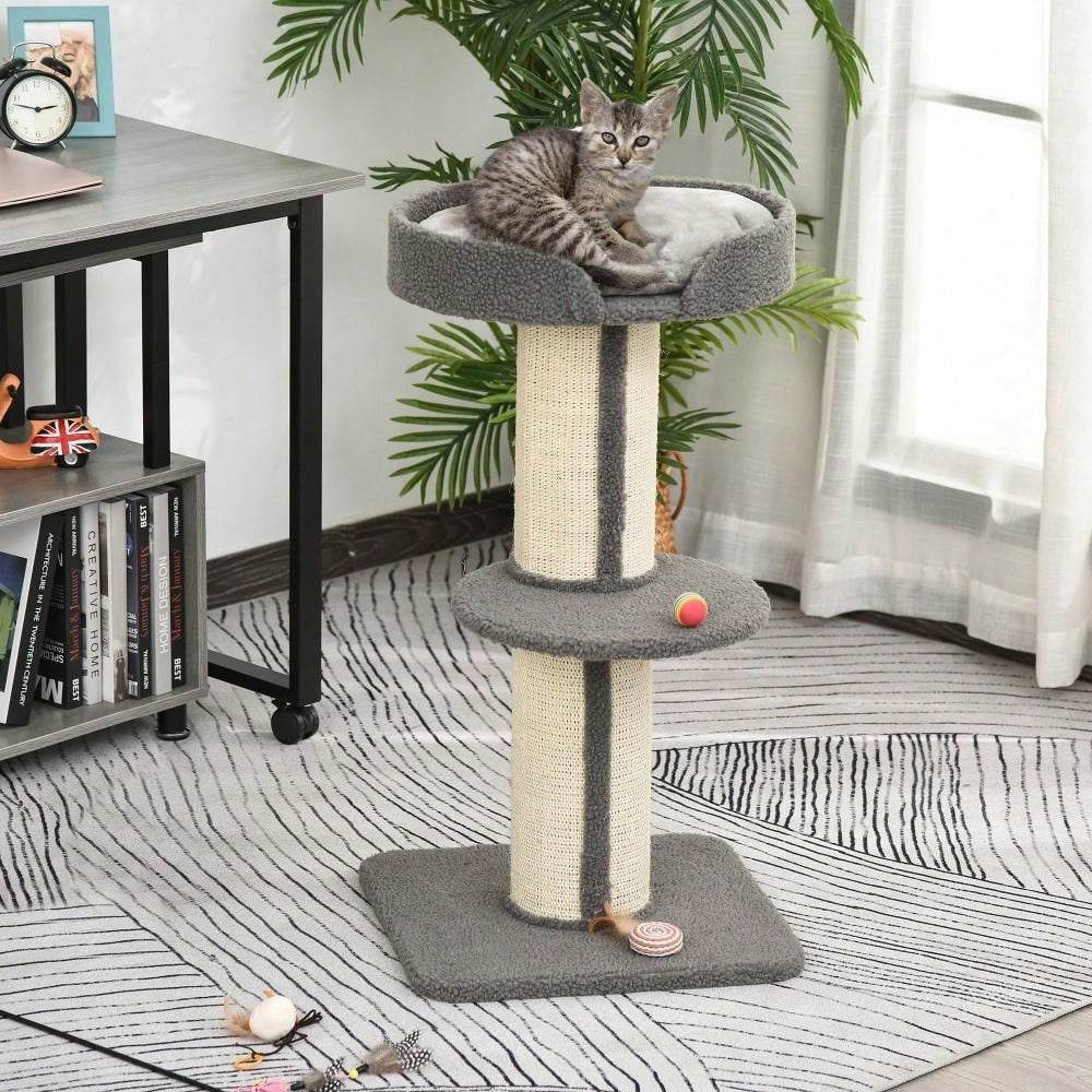 PawHut Kratzbaum für Katzen mit Kratzsäule & Plattform, aus Sisal, bis 30 kg belastbar, grau, für Spiel und Entspannung