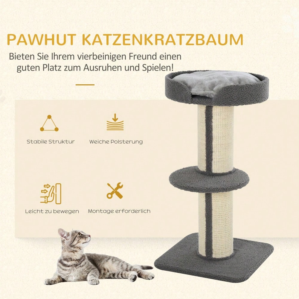 PawHut Kratzbaum für Katzen mit Kratzsäule & Plattform, aus Sisal, bis 30 kg belastbar, grau, für Spiel und Entspannung