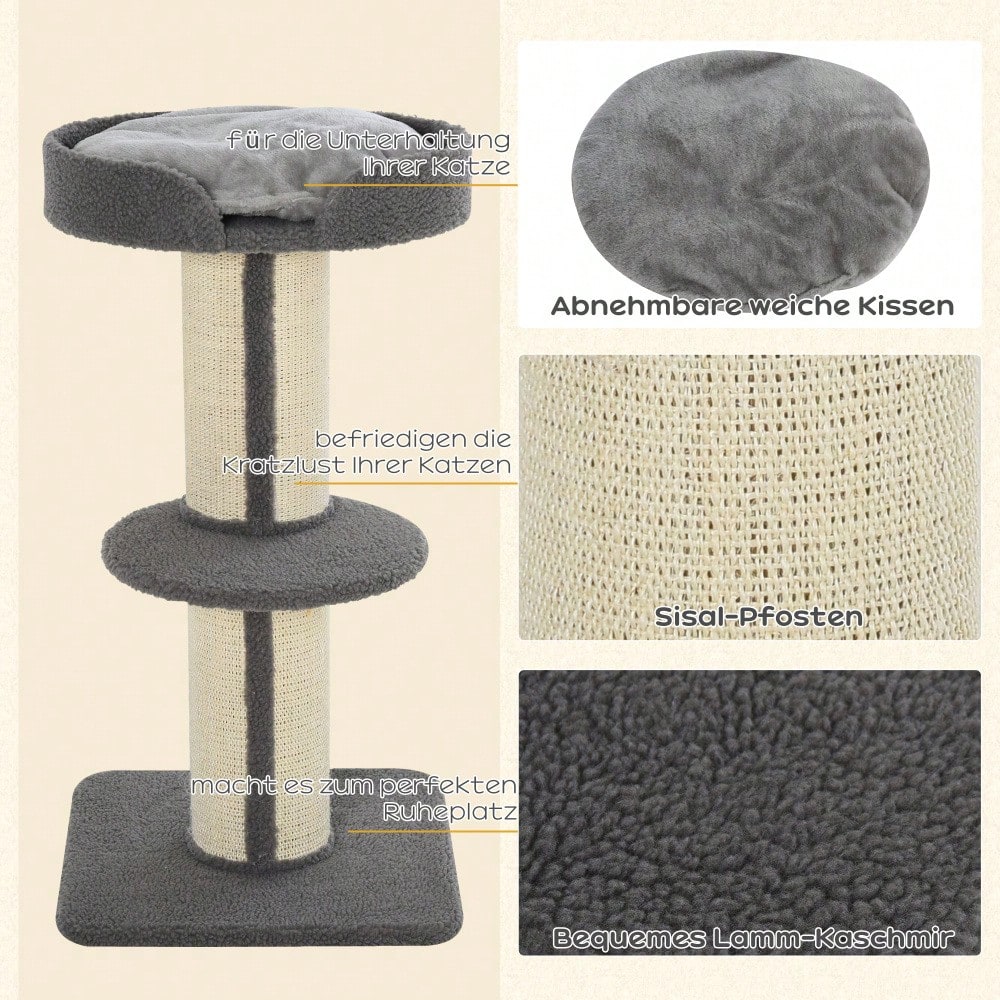 PawHut Kratzbaum für Katzen mit Kratzsäule & Plattform, aus Sisal, bis 30 kg belastbar, grau, für Spiel und Entspannung