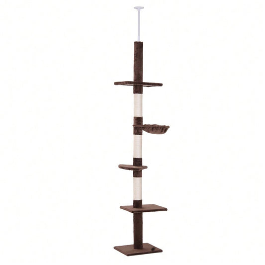 PawHut Deckenhoch Kratzbaum für Katzen, höhenverstellbar (230-260 cm), stabiler Kletterbaum mit Sisalsäulen, braun, 40 x 34 cm