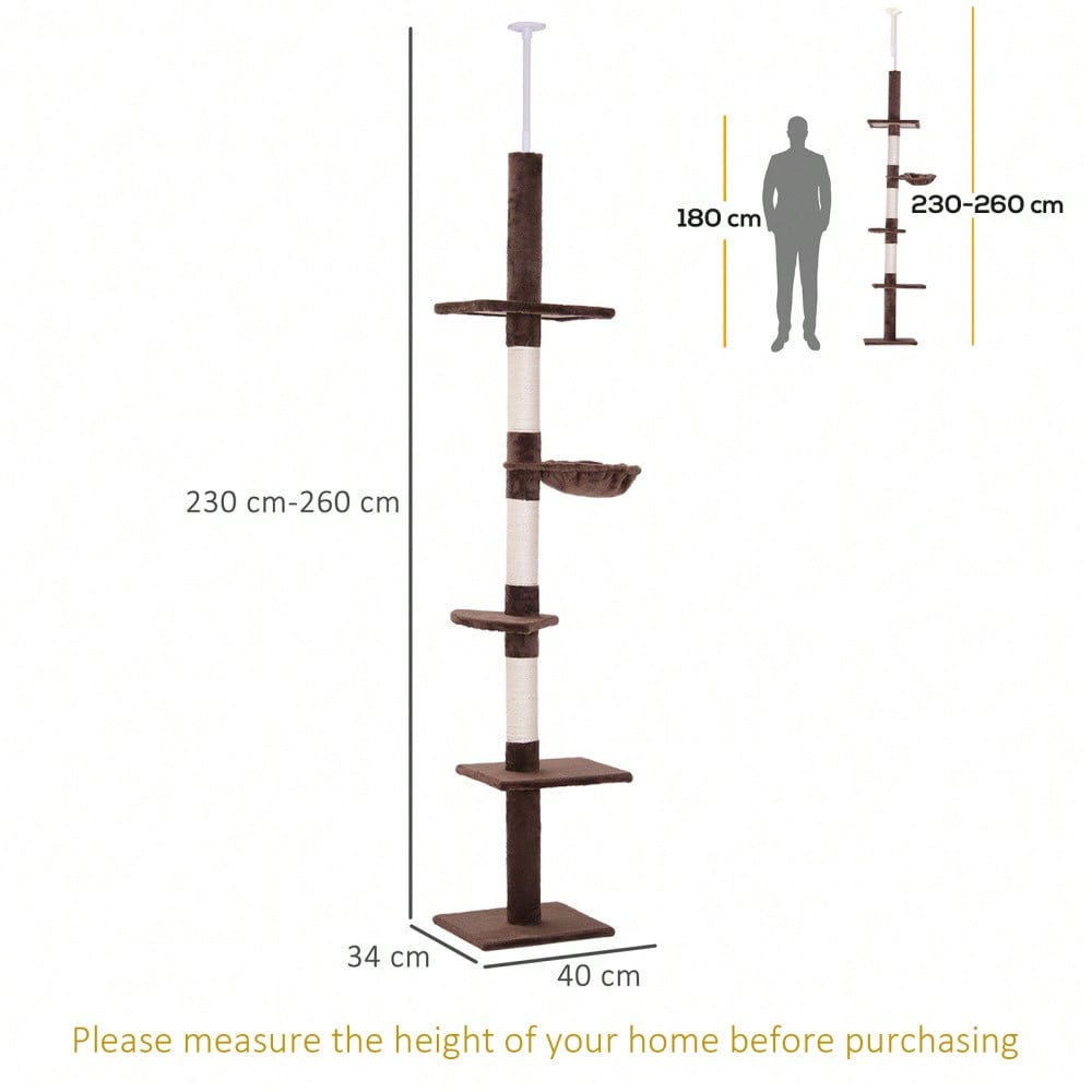 PawHut Deckenhoch Kratzbaum für Katzen, höhenverstellbar (230-260 cm), stabiler Kletterbaum mit Sisalsäulen, braun, 40 x 34 cm