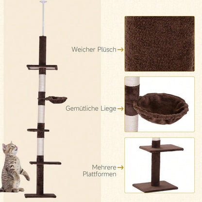 PawHut Deckenhoch Kratzbaum für Katzen, höhenverstellbar (230-260 cm), stabiler Kletterbaum mit Sisalsäulen, braun, 40 x 34 cm