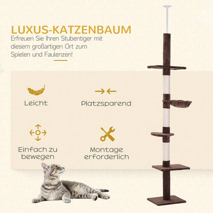 PawHut Deckenhoch Kratzbaum für Katzen, höhenverstellbar (230-260 cm), stabiler Kletterbaum mit Sisalsäulen, braun, 40 x 34 cm