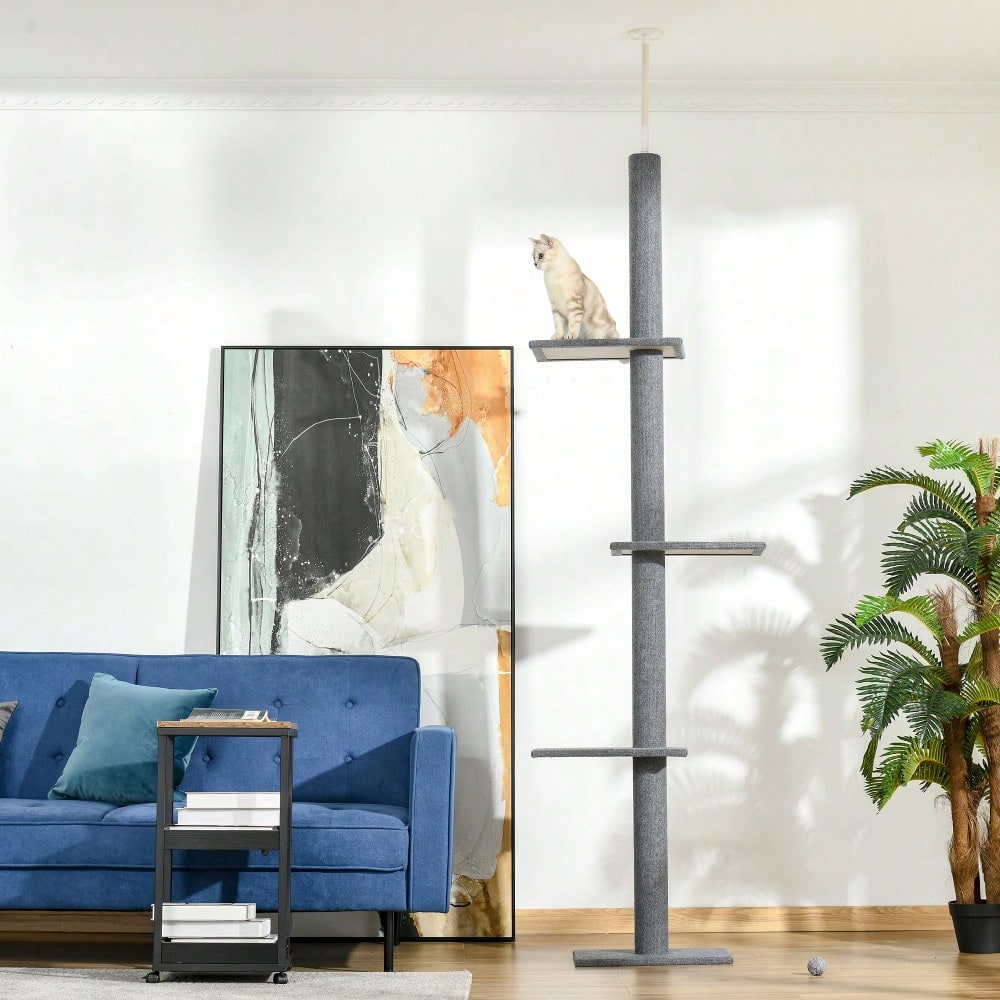 PawHut Deckenhoch Kratzbaum für Katzen, höhenverstellbar (228-260 cm), Kletterbaum aus Sisal, grau, für Spiel und Entspannung