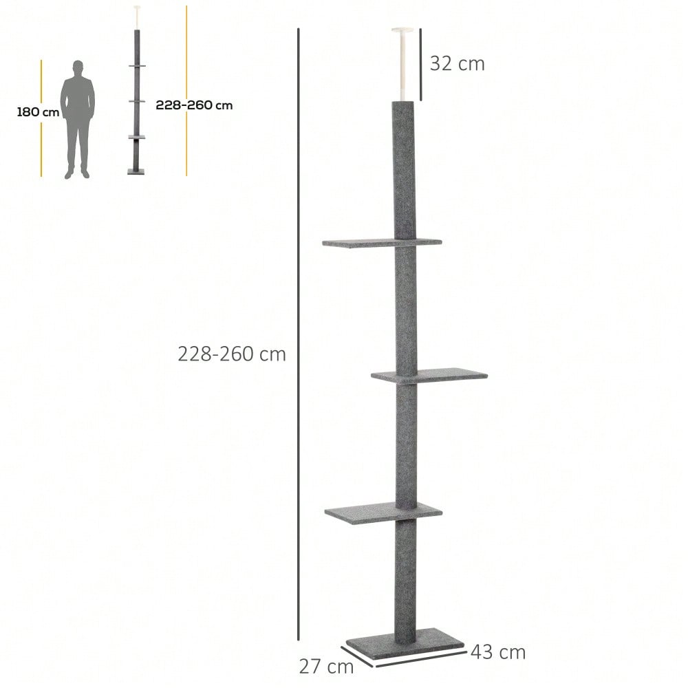 PawHut Deckenhoch Kratzbaum für Katzen, höhenverstellbar (228-260 cm), Kletterbaum aus Sisal, grau, für Spiel und Entspannung