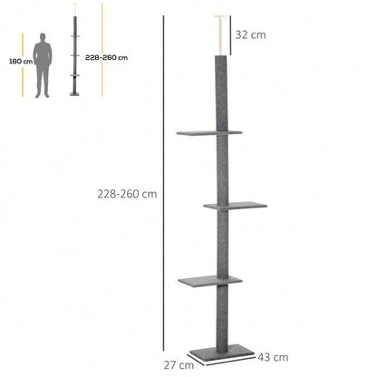 PawHut Deckenhoch Kratzbaum für Katzen, höhenverstellbar (228-260 cm), Kletterbaum aus Sisal, grau, für Spiel und Entspannung