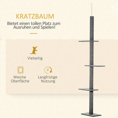 PawHut Deckenhoch Kratzbaum für Katzen, höhenverstellbar (228-260 cm), Kletterbaum aus Sisal, grau, für Spiel und Entspannung