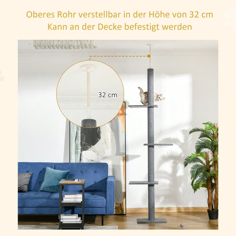 PawHut Deckenhoch Kratzbaum für Katzen, höhenverstellbar (228-260 cm), Kletterbaum aus Sisal, grau, für Spiel und Entspannung