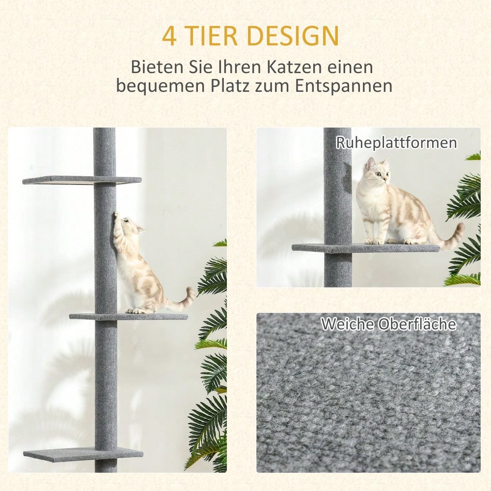 PawHut Deckenhoch Kratzbaum für Katzen, höhenverstellbar (228-260 cm), Kletterbaum aus Sisal, grau, für Spiel und Entspannung