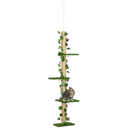 PawHut Kratzbaum für Katzen deckenhoch, höhenverstellbar (202-242 cm) mit Kippschutz, Spielbaum aus Jute, Farbkombination Grün/Gelb