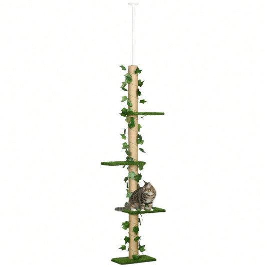 PawHut Kratzbaum für Katzen deckenhoch, höhenverstellbar (202-242 cm) mit Kippschutz, Spielbaum aus Jute, Farbkombination Grün/Gelb