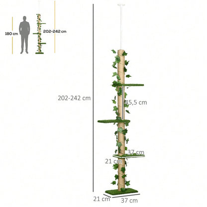 PawHut Kratzbaum für Katzen deckenhoch, höhenverstellbar (202-242 cm) mit Kippschutz, Spielbaum aus Jute, Farbkombination Grün/Gelb