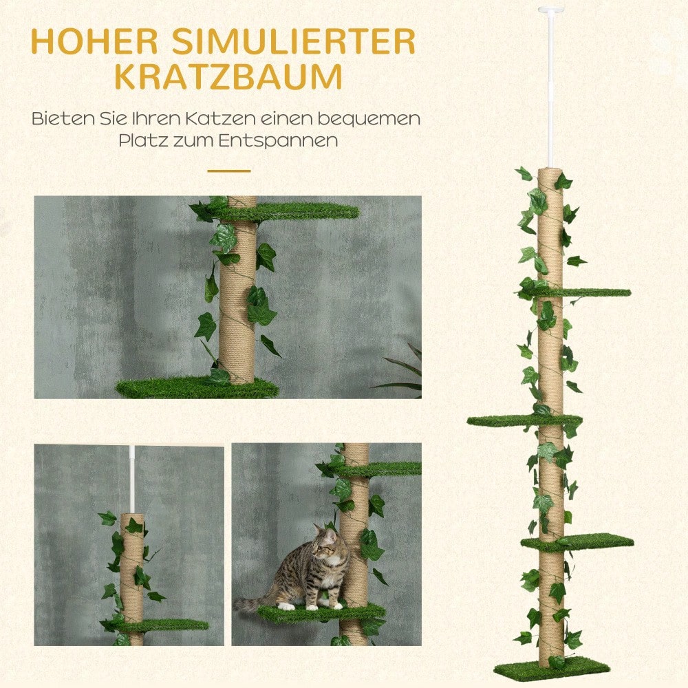 PawHut Kratzbaum für Katzen deckenhoch, höhenverstellbar (202-242 cm) mit Kippschutz, Spielbaum aus Jute, Farbkombination Grün/Gelb