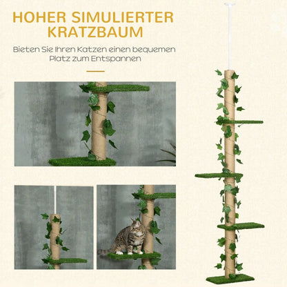 PawHut Kratzbaum für Katzen deckenhoch, höhenverstellbar (202-242 cm) mit Kippschutz, Spielbaum aus Jute, Farbkombination Grün/Gelb