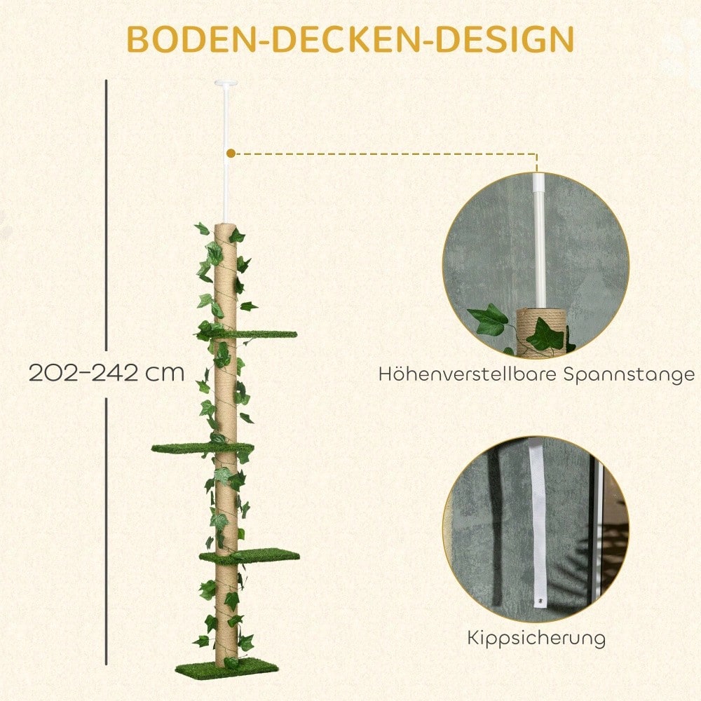 PawHut Kratzbaum für Katzen deckenhoch, höhenverstellbar (202-242 cm) mit Kippschutz, Spielbaum aus Jute, Farbkombination Grün/Gelb