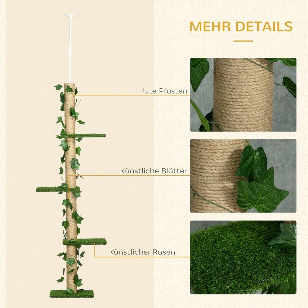 PawHut Kratzbaum für Katzen deckenhoch, höhenverstellbar (202-242 cm) mit Kippschutz, Spielbaum aus Jute, Farbkombination Grün/Gelb