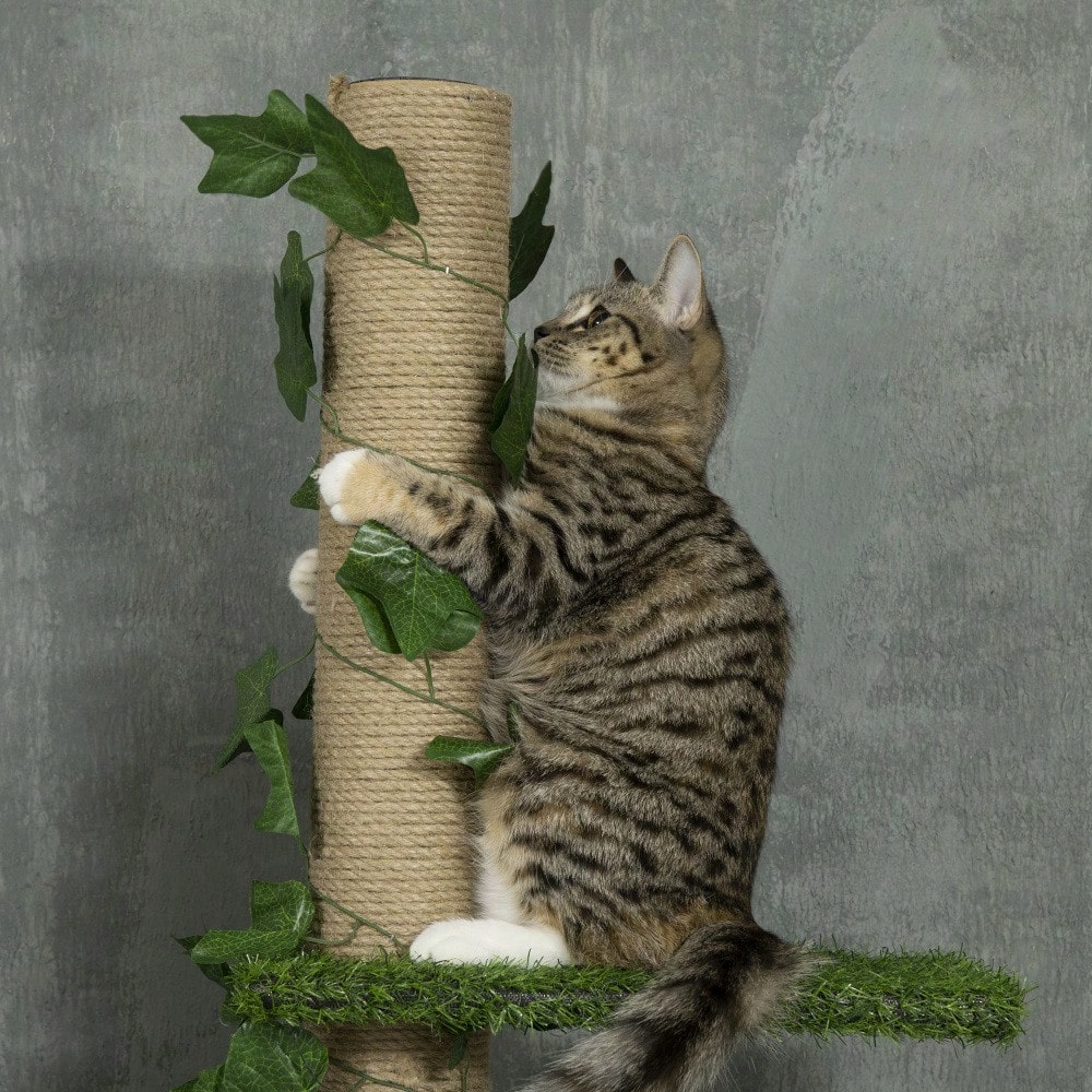 PawHut Kratzbaum für Katzen deckenhoch, höhenverstellbar (202-242 cm) mit Kippschutz, Spielbaum aus Jute, Farbkombination Grün/Gelb