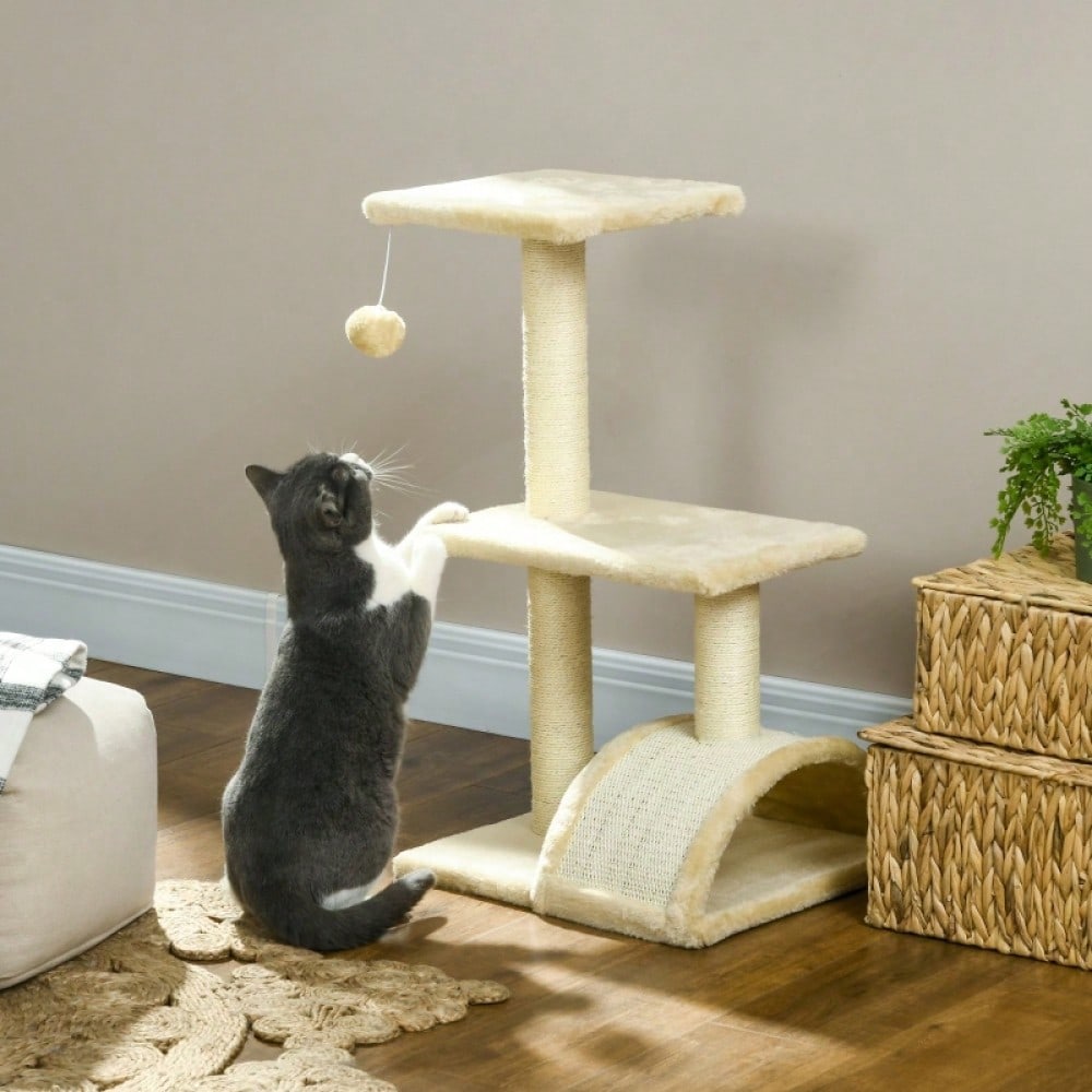 PawHut Kratzbaum für Katzen, mehrstöckiger Katzenturm 72 cm mit Sisalstämmen, Plattform, Kratzbrett & Plüschball, für mittelgroße Katzen, cremeweiß