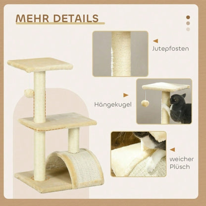 PawHut Kratzbaum für Katzen, mehrstöckiger Katzenturm 72 cm mit Sisalstämmen, Plattform, Kratzbrett & Plüschball, für mittelgroße Katzen, cremeweiß