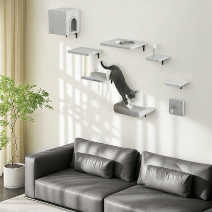 PawHut Kletterwand für Katzen 7-teilig Set mit Katzenhaus, Plattform, Kratzbaum mit Hängeball & Wandkratzbaum, Katzenspielzeug bis 5 kg, grau