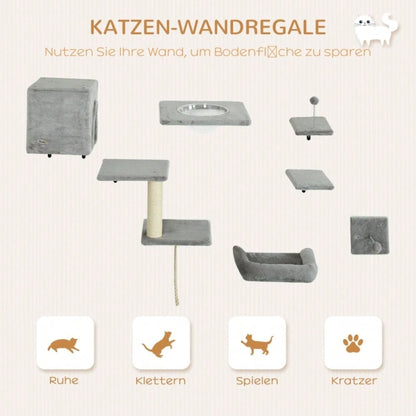 PawHut Kletterwand für Katzen 7-teilig Set mit Katzenhaus, Plattform, Kratzbaum mit Hängeball & Wandkratzbaum, Katzenspielzeug bis 5 kg, grau